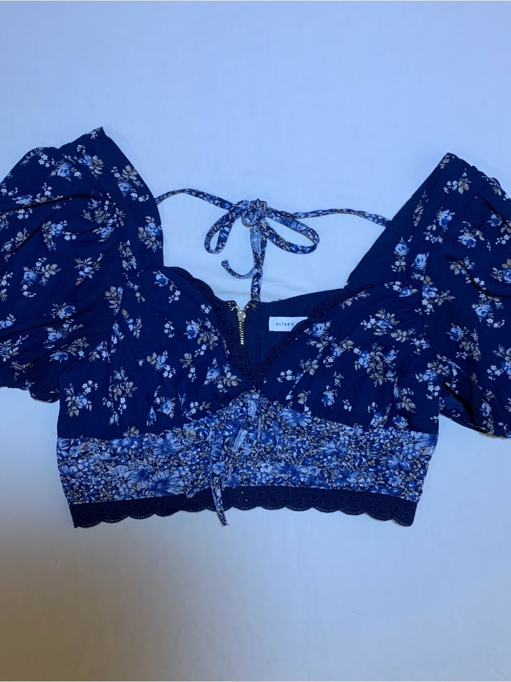 Altar'd State Navy Floral Tie-Back Puff Sleeve Crop Top